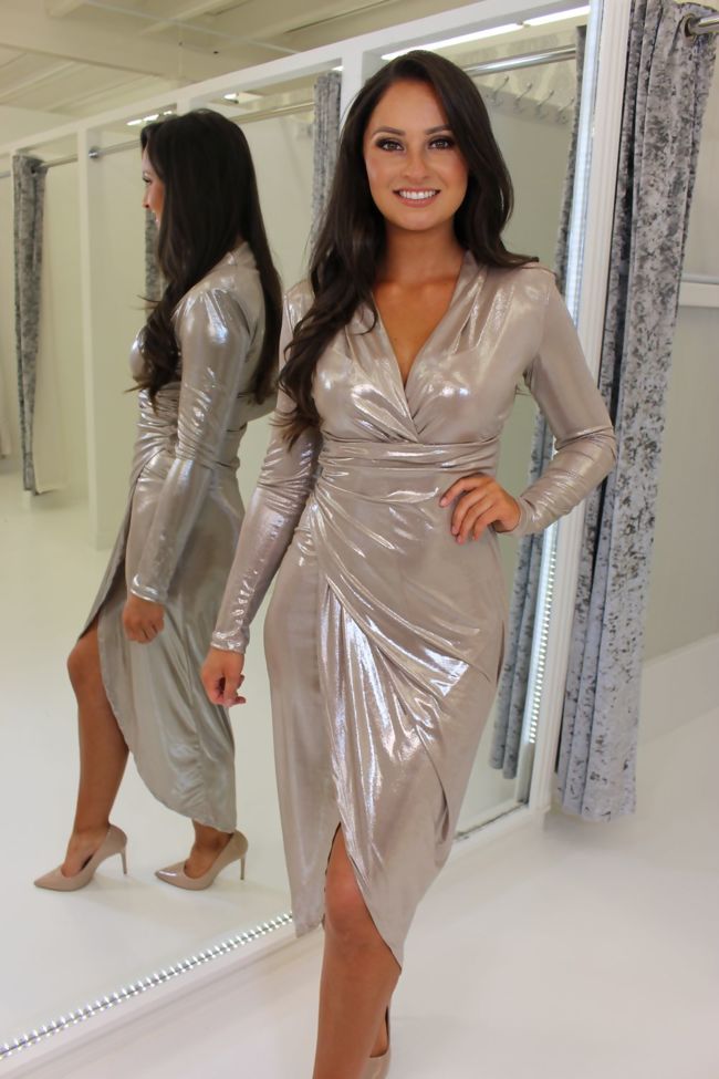 Metallic Bronze Midi Ruched Dress