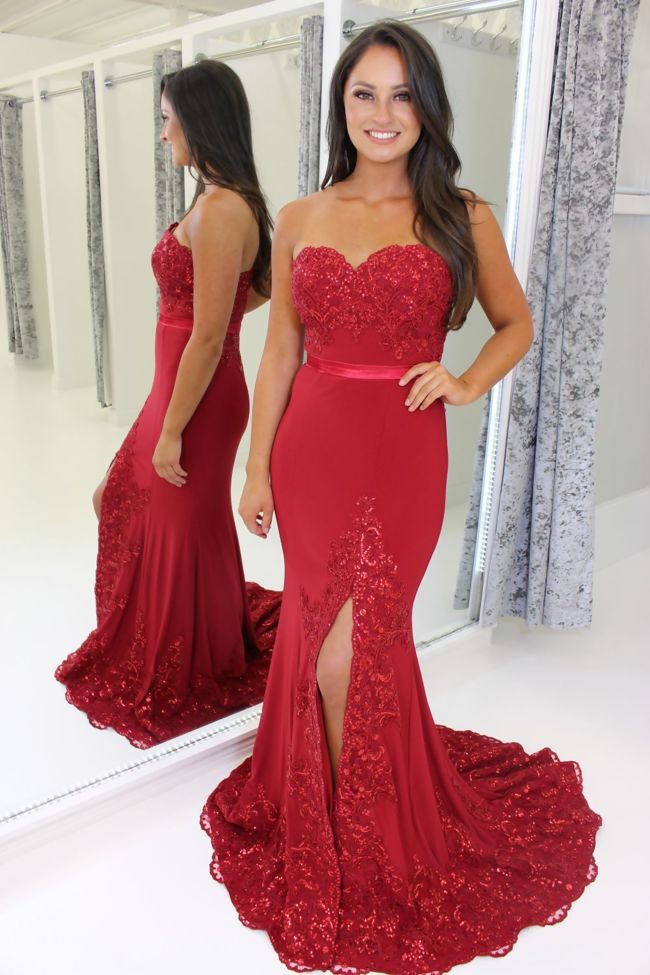 red strapless formal gown