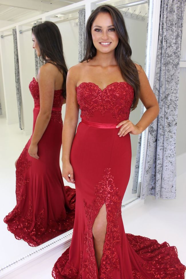 Red Strapless Full Length Prom Dress With Leg Split & Lace Train