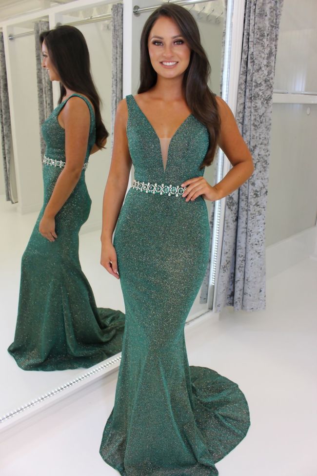 Green Shimmer Full Length Prom Dress