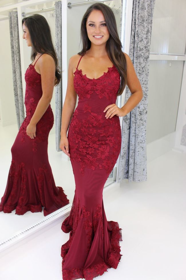 Burgundy Porsia Lace Appliqué Mesh Fishtail Full Length Prom Dress