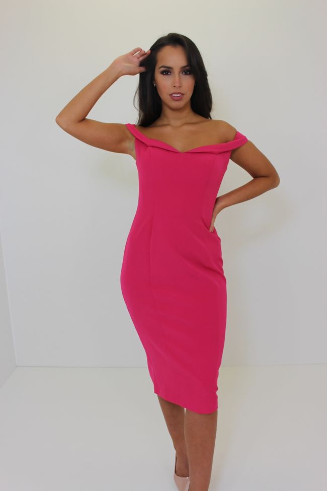 Fuschia Pink Bardot Midi Dress