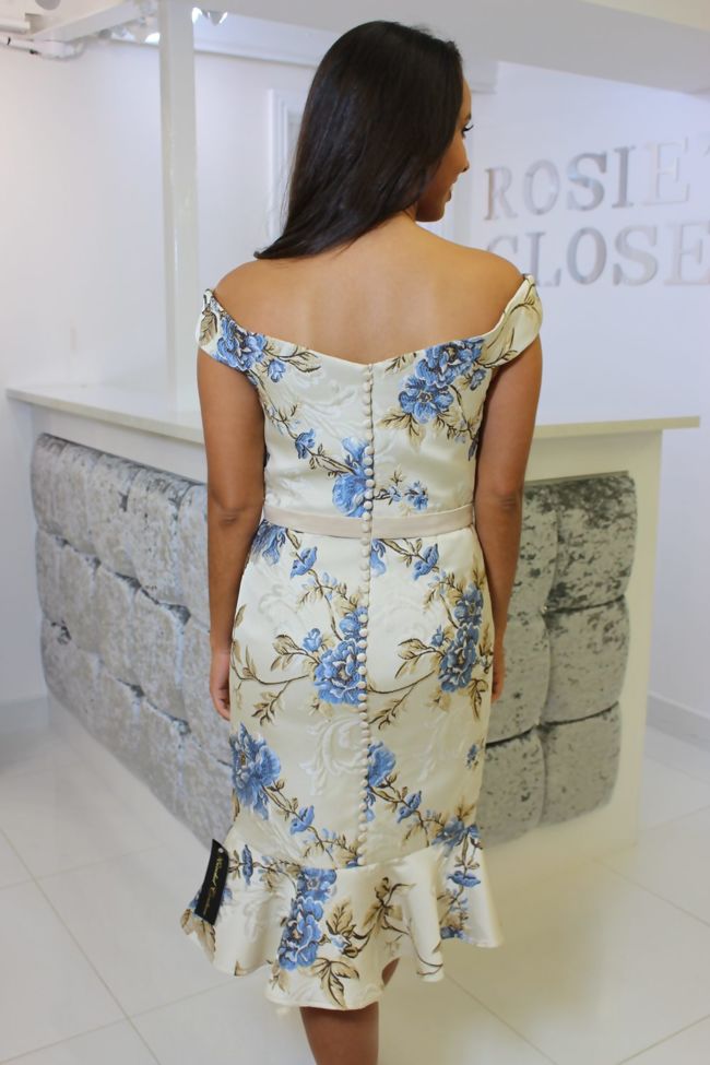 Blue Floral Bardot Midi Dress